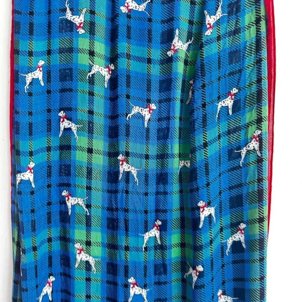 Talbots Green Blue Plaid Dog Dalmatian Print Lightweight Scarf